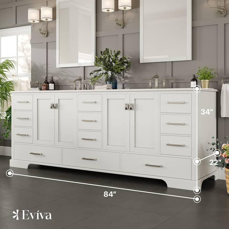 Eviva Storehouse 84"W x 22"D Bathroom Vanity with White Carrara Quartz Countertop and Undermount Porcelain Sink