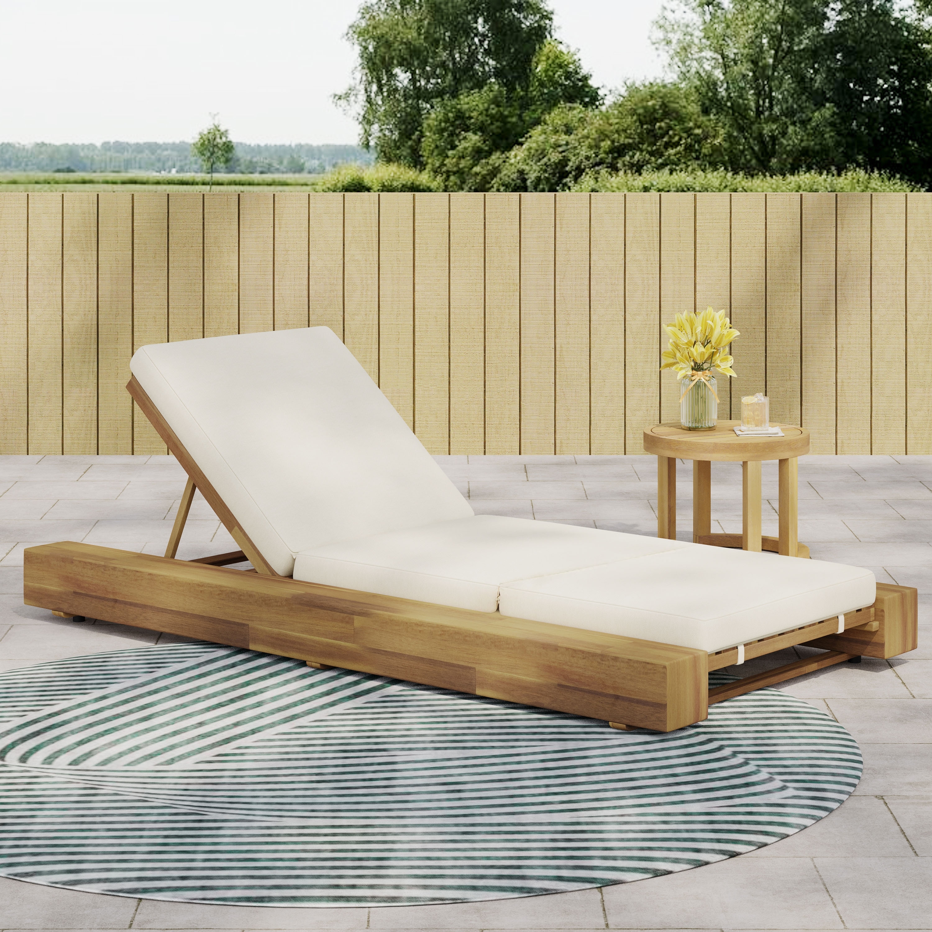 Christopher Knight Home - Broadway Acacia Wood Chaise Lounge with Adjustable Recline and Three Folds Cushion - 4-Piece