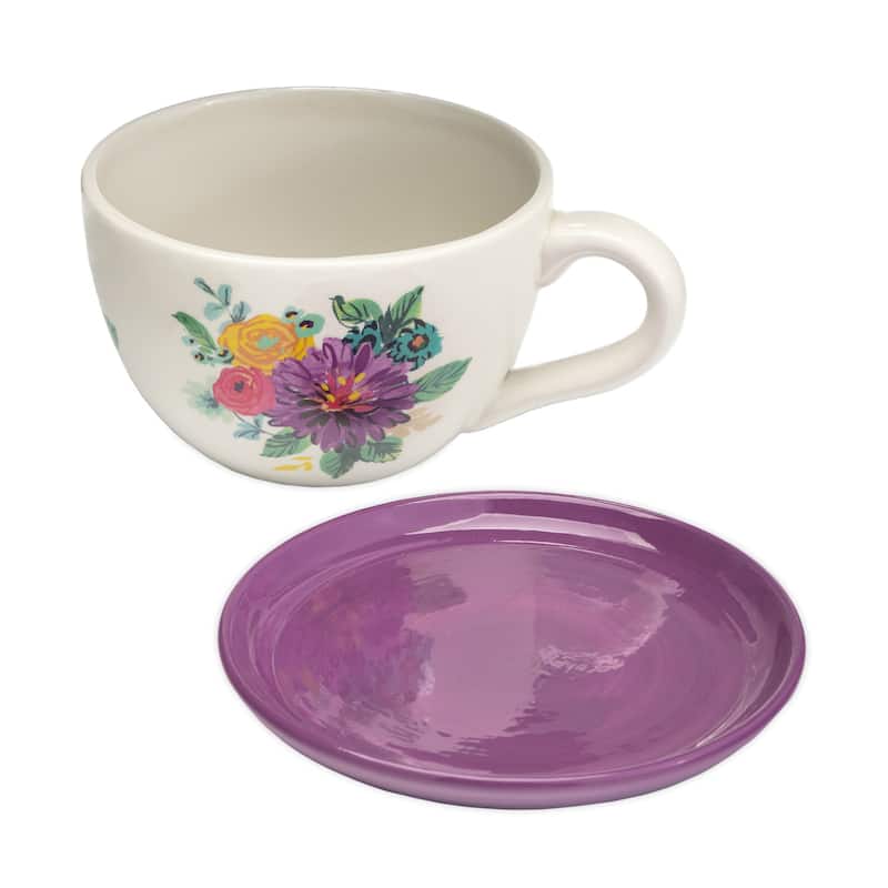 Floral Purple Ceramic Tea Cup Indoor/Outdoor Planter with Saucer