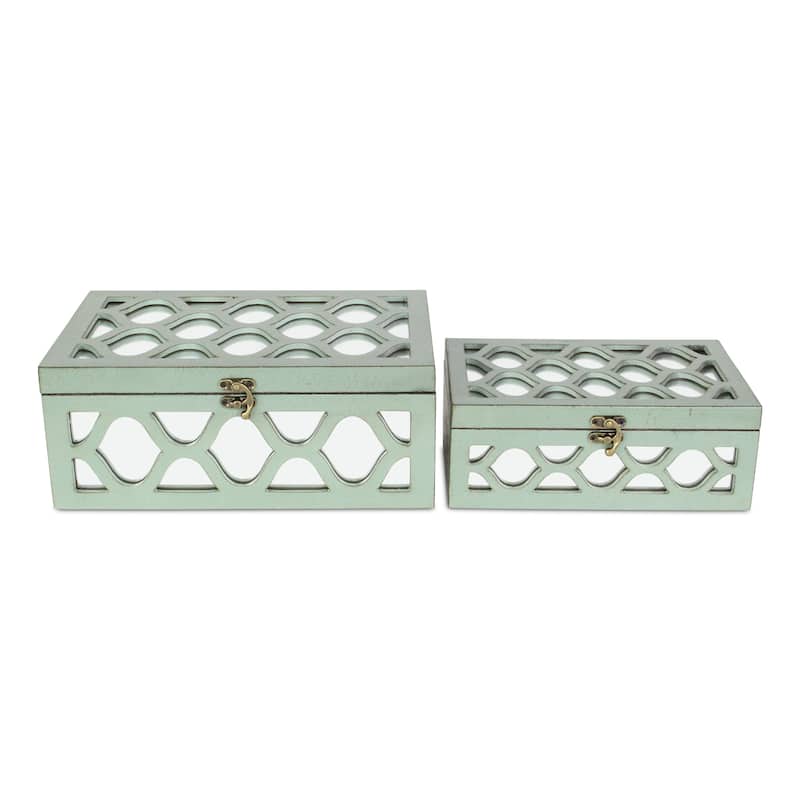 Blue Wood Moroccan Style Mirrored Storage Box (Set of 2)