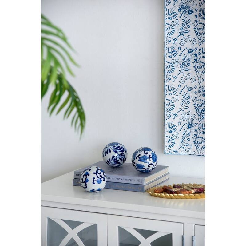 Floral Ornamental Orb Decorations - 4" - Blue and White - Set of 6