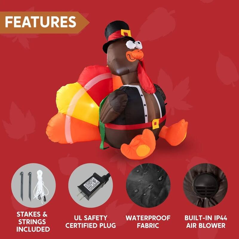 Joyfy 6ft Inflatable Turkey With LED Lights And Pilgrim Hat