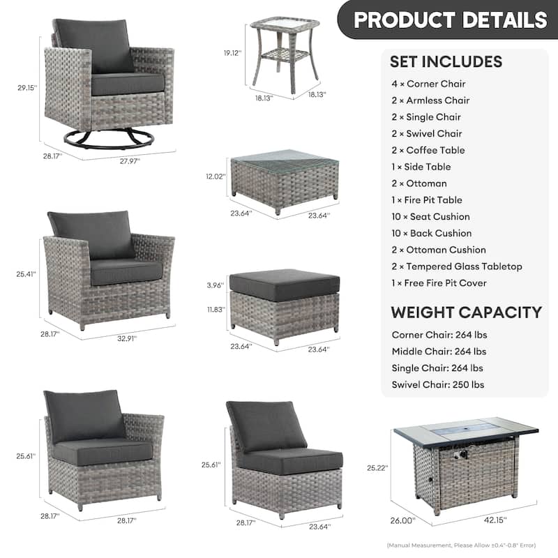 XIZZI 16-piece Outdoor Patio Wicker Furniture Sectional Set with Fire Pit