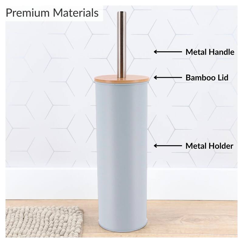 Metal Toilet Brush and Holder Set With Bamboo Lid