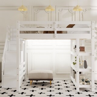 Full Size Loft Bed w/Shelves,Storage Staircase,Wardrobe and LED Light
