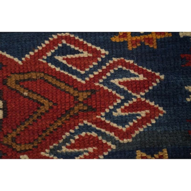 Hand Knotted Oriental 100% Wool Carpet Traditional Geometric Navy Blue & Blues Kazak Area Rug - 4' 7'' X 3' 6''