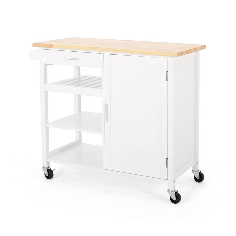 Alex Rolling Kitchen Island Bar Cart with Shelves, Brown Wood, White