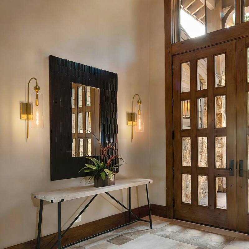 1-Light Brass Wall Sconce with Clear Cylindrical Glass Shade - 4.7" W × 7.9" D × 20.9" H