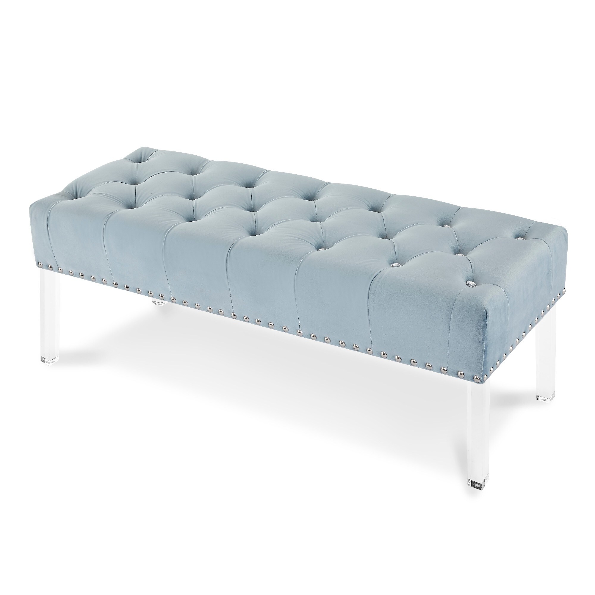 Bernard 49 Inch Velvet and Button Tufted Bench, Light Blue Bed