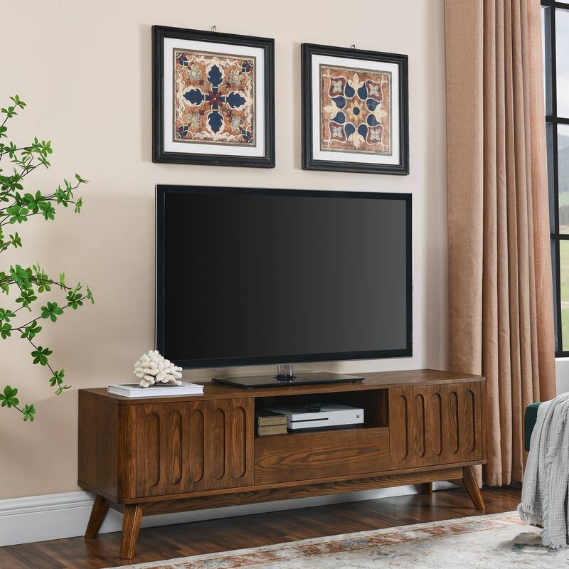 Mid-Century Modern Fluted TV Stand Media Console, for 65 inch TV with 2 Door and 1 Drawer, for Living Room