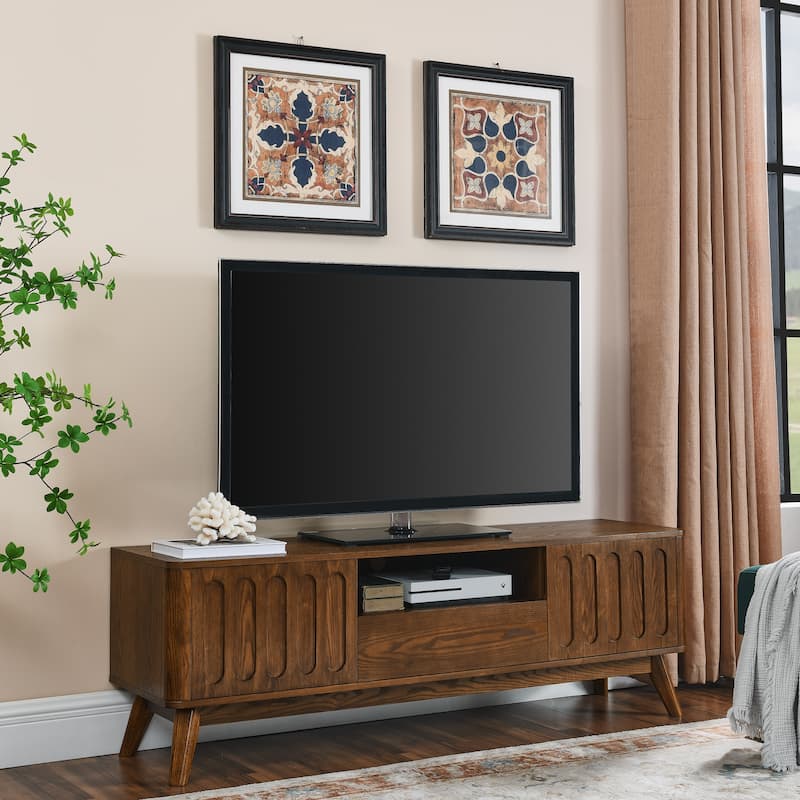 Wood TV Stand for 65" TV, Mid Century Modern Entertainment Center with Storage, Accent Media Console Table with Door & Drawer