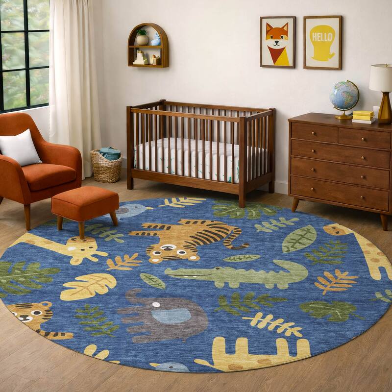 Machine Washable Indoor/ Outdoor Whimsy Safari Animals Chantille Rug