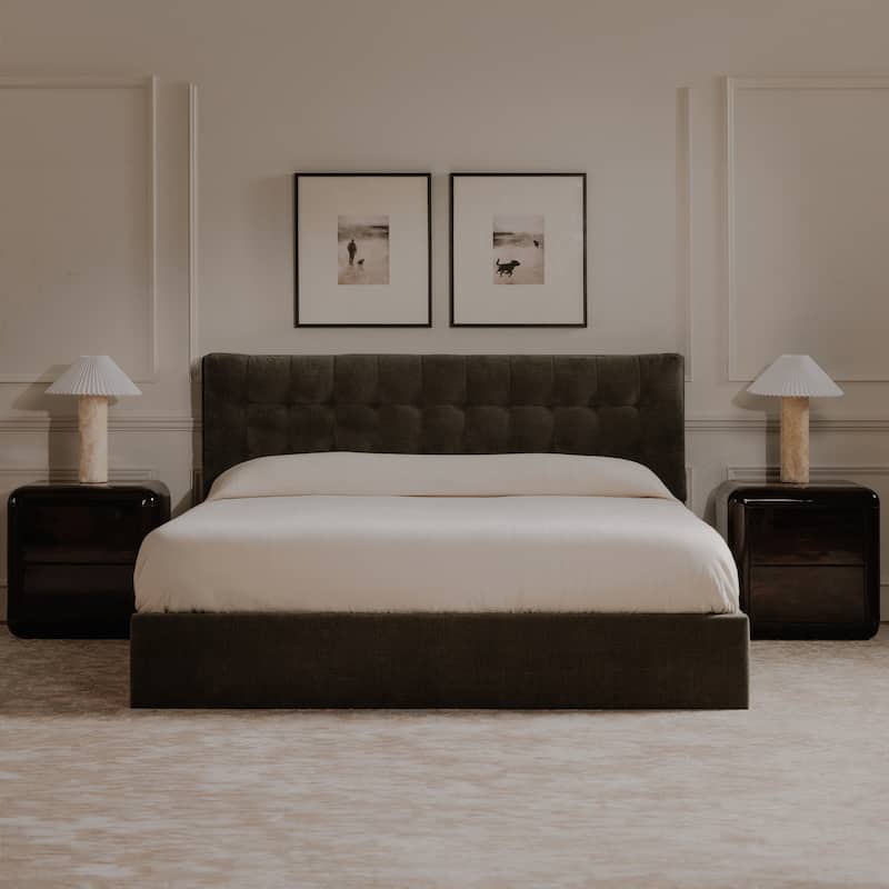 NADAAL STUDIOS Aloura Green Upholstered King Bed with Tufted Headboard and Hydraulic Lift Storage