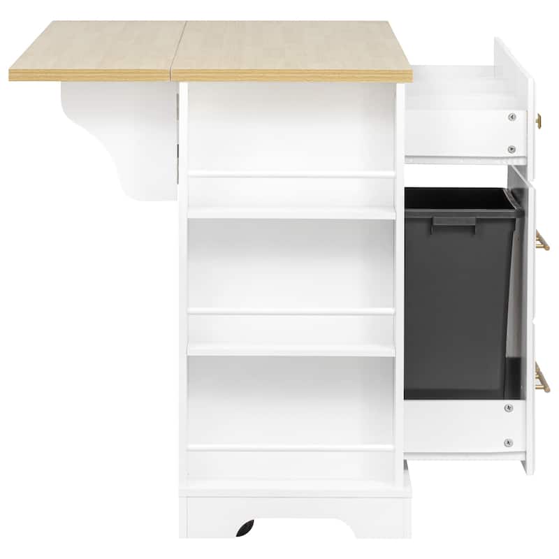 Kitchen Island with 6 Drawers, Pull Out Trash Can Storage, with Drop Leaf, Power Outlet, 5 Open Side Racks