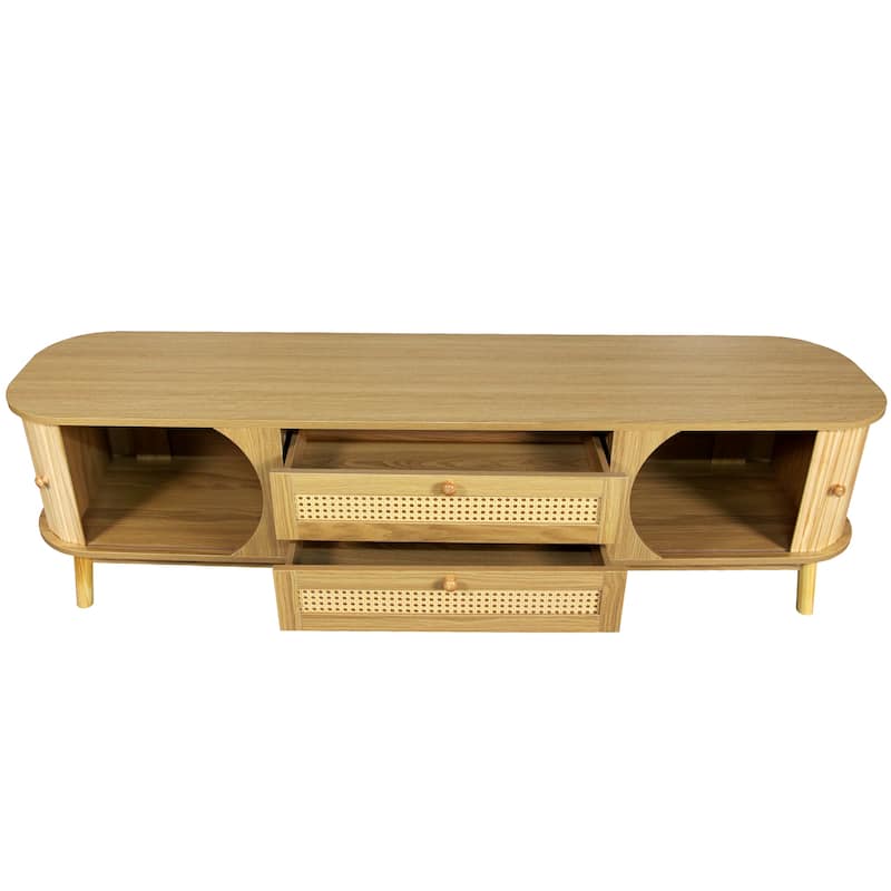Rattan TV Stand for TVs Up to 75'', Modern Media Console, Entertainment Center with Solid Wood Legs, TV Cabinet for Living Room