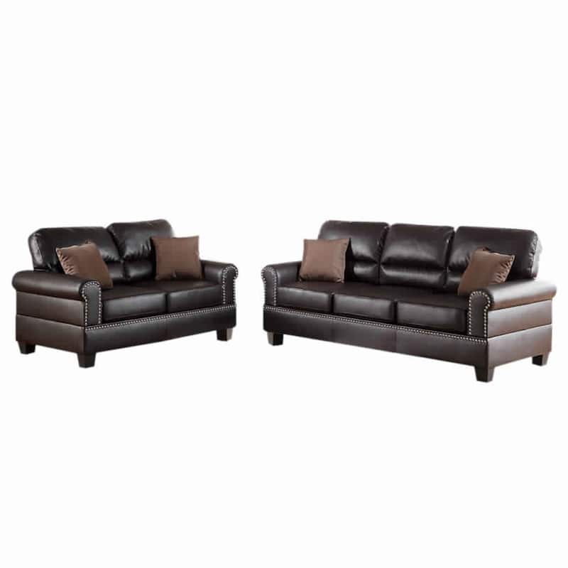 2 Pc Sofa and Loveseat Set, Espresso Brown Faux Leather, Nailhead Trim