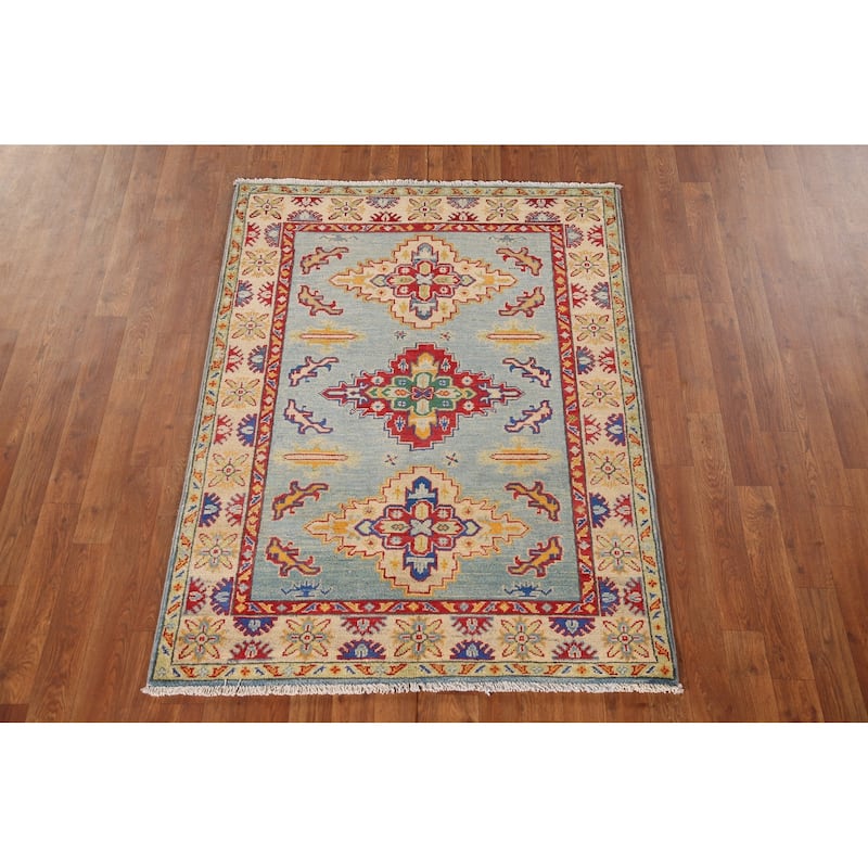 Light Blue Geometric Kazak Accent Rug Handmade Wool Carpet - 3'6"x 4'9"