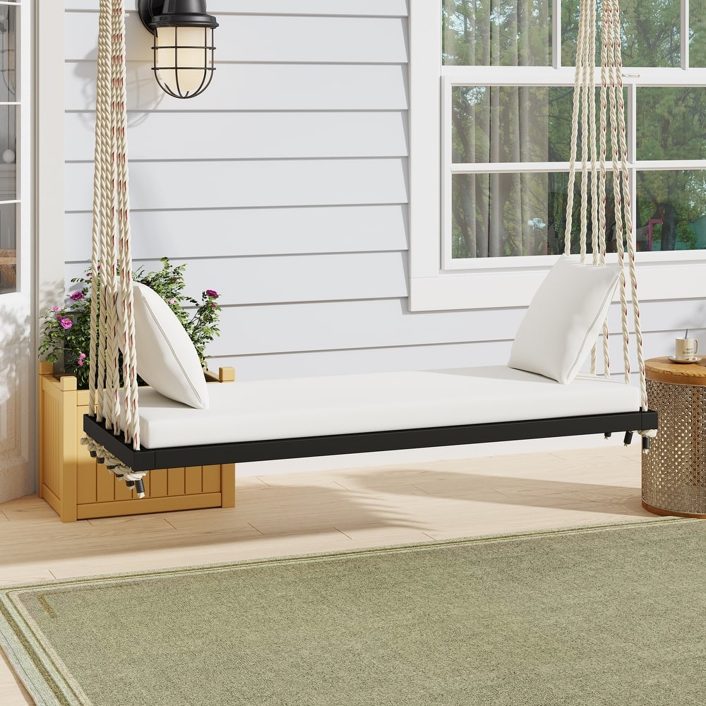 Roomfitters Patio Wooden Swing Chair with Cushion & Pillows, Hanging Porch Bench with 10.8Ft Hemp Ropes for Garden