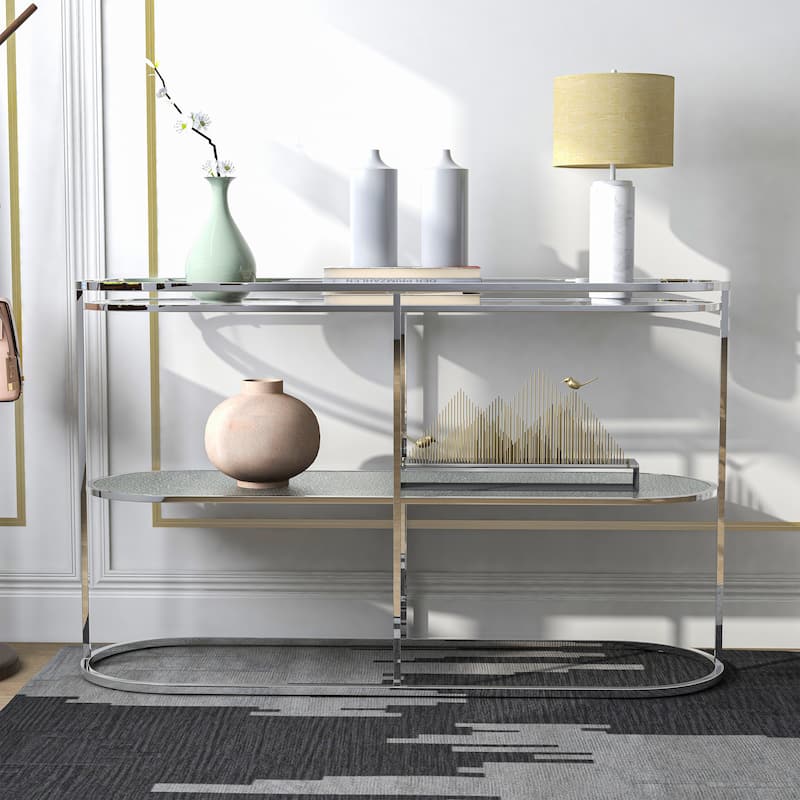 Taylaa Glam Chrome 48-inch Glass Top 1-Shelf Sofa Table by Furniture of America - Water Ripples Mirror