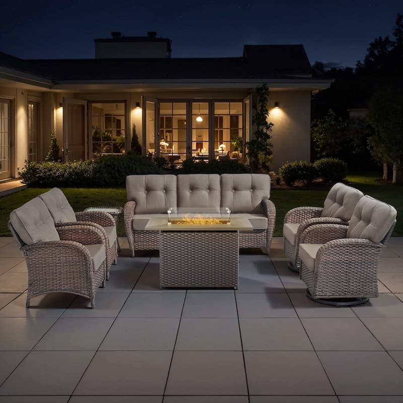 TWrap Wicker Patio Fire Pit Conversation Set with 3-Seat Sofa & Swivel Gliders & Armchairs - Brown/Gray - No Ottomans