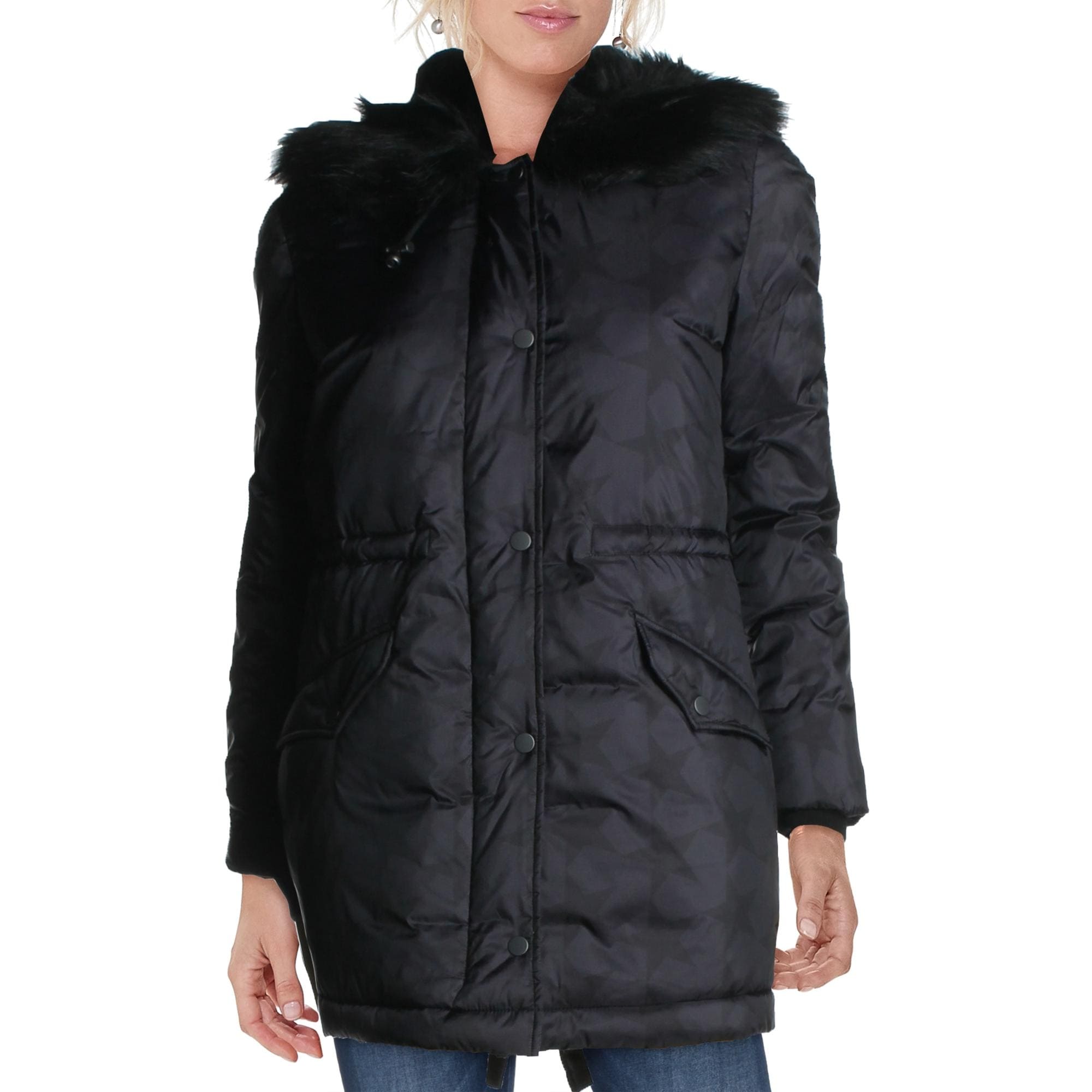 black duffle coat with fur hood
