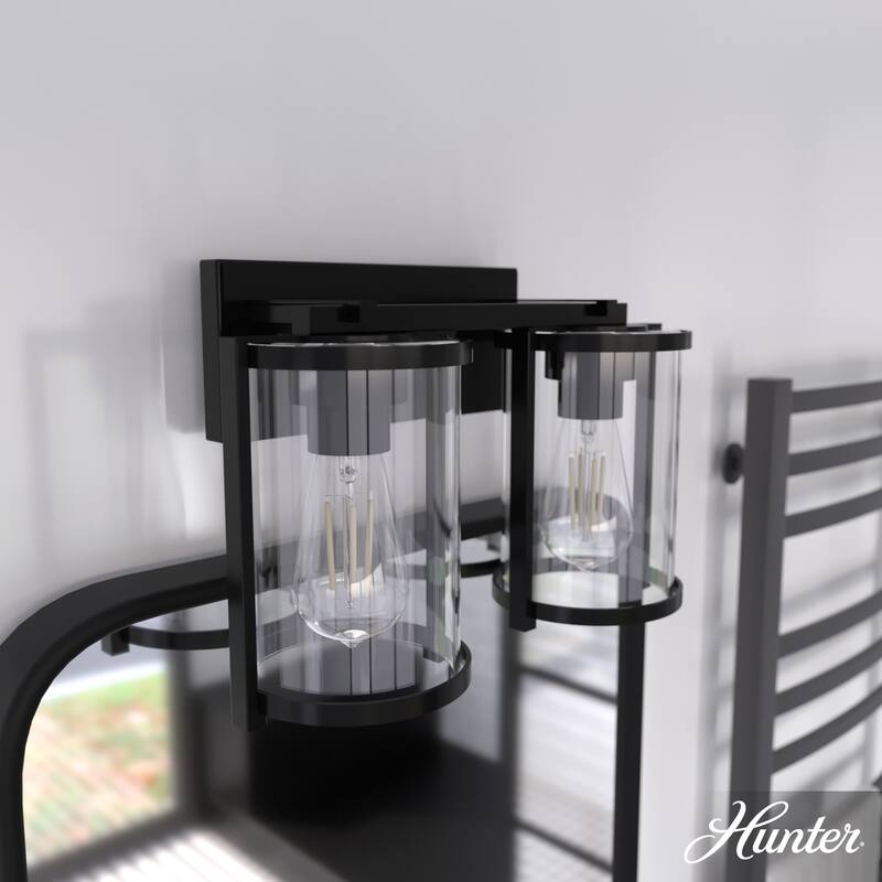Hunter Astwood Bathroom Vanity Light, Clear Cylinder Glass, Damp Rated, Caged - Contemporary, Transitional, Art-Deco - 2-Light 15" - Matte Black