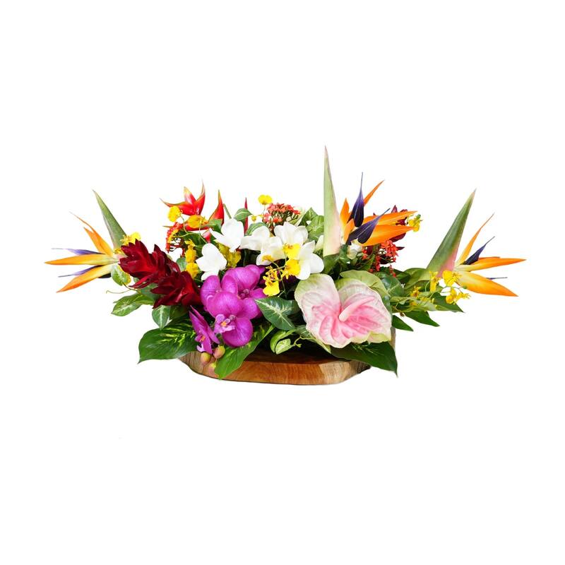 Tropical Artifical Flower Arrangement in Teak Wood Plate - Orange