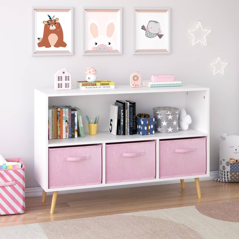 Anmytek White and Pink Kids Bookcase Toy Storage Organizer Cabinet with Fabric Drawers
