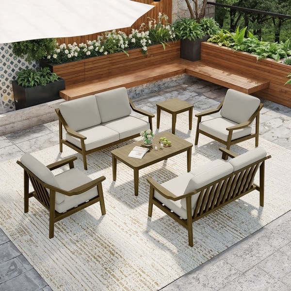 slide 2 of 6, 6-piece Wood Patio Chat Set Teak Conversation Set with Cushion Light Camel - Brown Wood