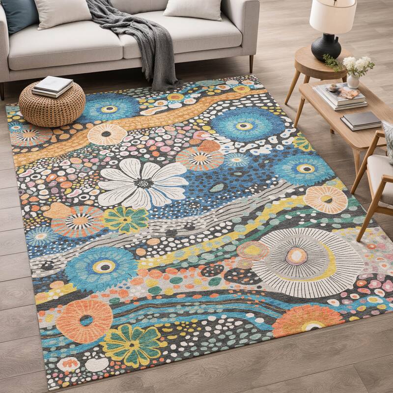 Machine Washable Indoor/ Outdoor Whimsy Floral Chantille Rug