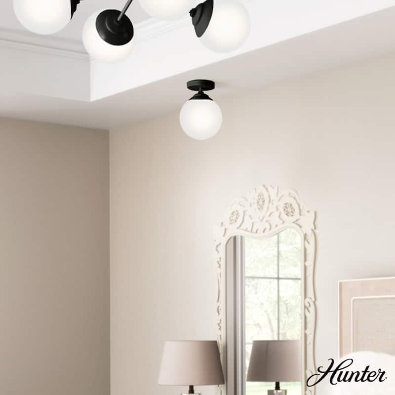 Hunter Hepburn 1-Light Flush Mount Ceiling Light - Bedroom, Bath, Entry, Hallway - Damp-Rated - Vintage, Globe Light - Matte Black