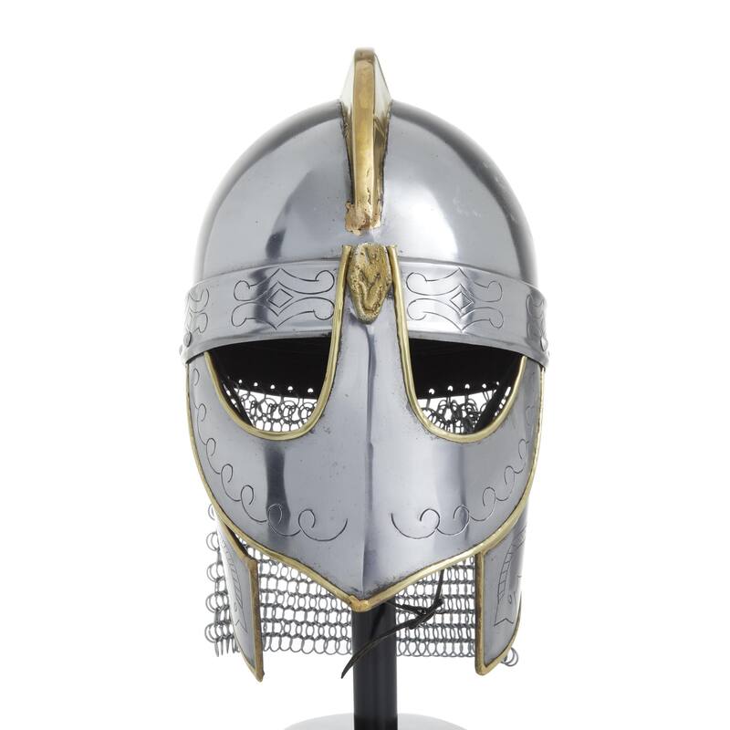 Metal Replica Medieval Knight Crusader Helmet with Black Wood Stand and Chainmail - Silver - Roche River Decor