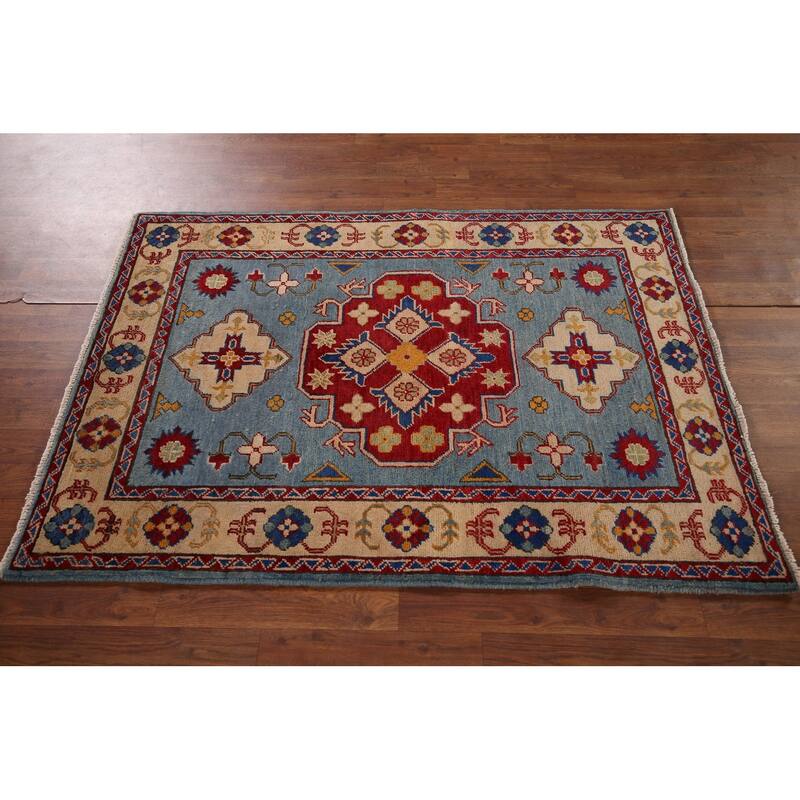 Light Blue Geometric Kazak Oriental Accent Rug Handmade Wool Carpet - 3'6" x 4'11"