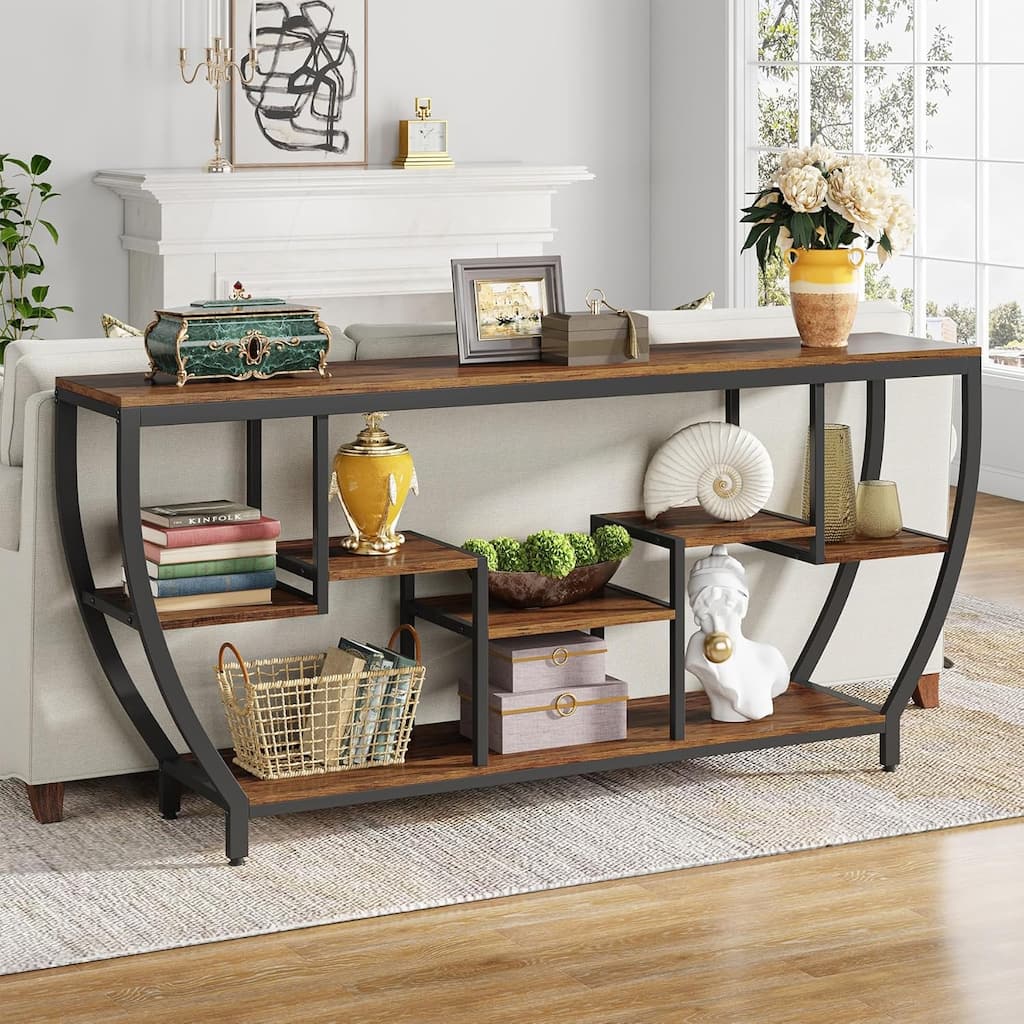 70.9" Industrial Console Sofa Table with 7-Tier Storage Shelves for Living Room, Hallway, or Foyer