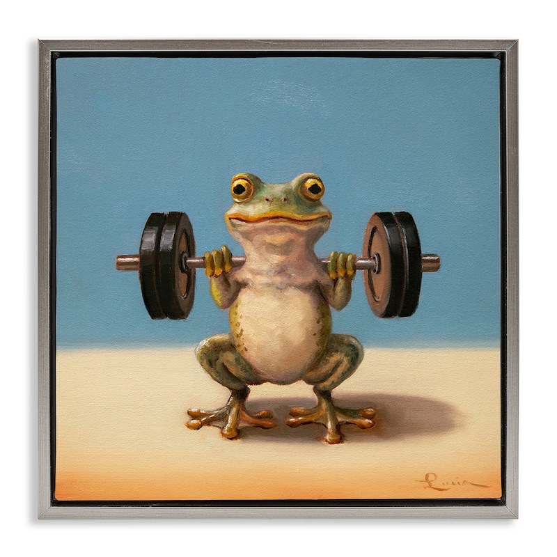 Stupell Weightlifting Frog Training Framed Floater Canvas Wall Art Design By Lucia Heffernan - 25 x 25 - Grey