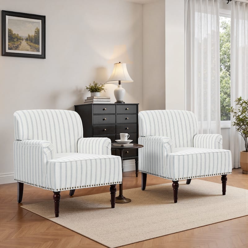 Set 2 Striped Upholstered Linen Armchair with Brass Nailhead Trim - Light Blue - PINSTRIPED
