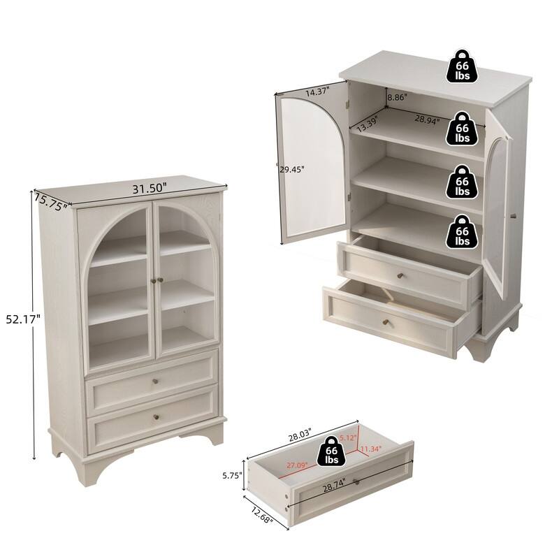 52.17"H Glass Door Display Case Storage Cabinet with Adjustable Shelf and Drawers for Stylish Organization