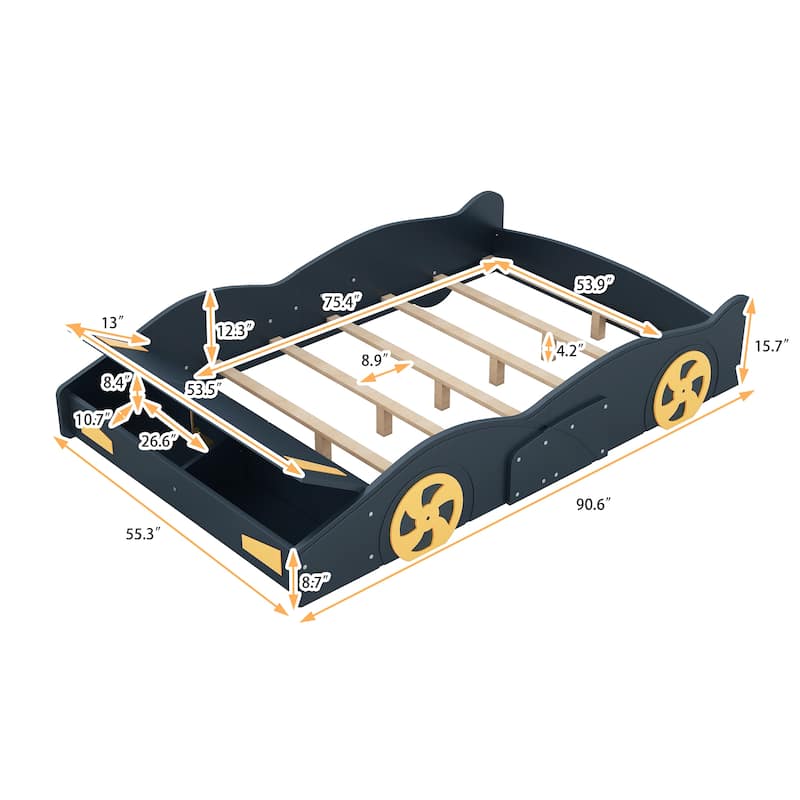 Full Size Race Car-Shaped Platform Bed with Wheels and Storage - Dark Blue - Full