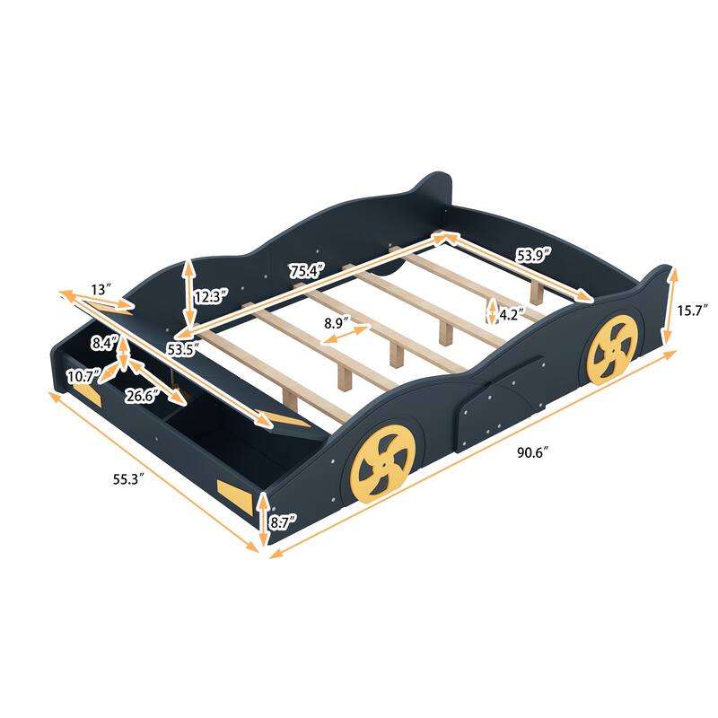 Twin/Full Race Car Bed with Storage Compartment, Sturdy Wood Frame and Safety Rails, Ideal for Kids