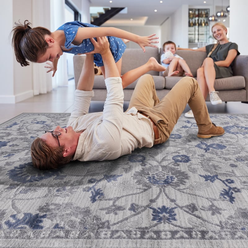 LOOM & LUXE Collection 2X8 Blue/Silver/Oriental Non-Shedding Area Rug - 96" D x 26" W x 0.35" H