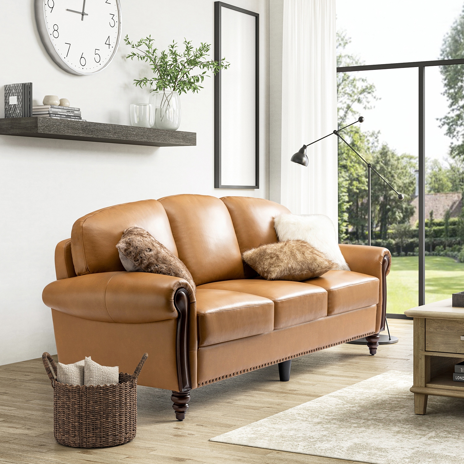 Eduard 84 Traditional Genuine Leather Sofa with Carved Wood Legs by Hulala Home Camel