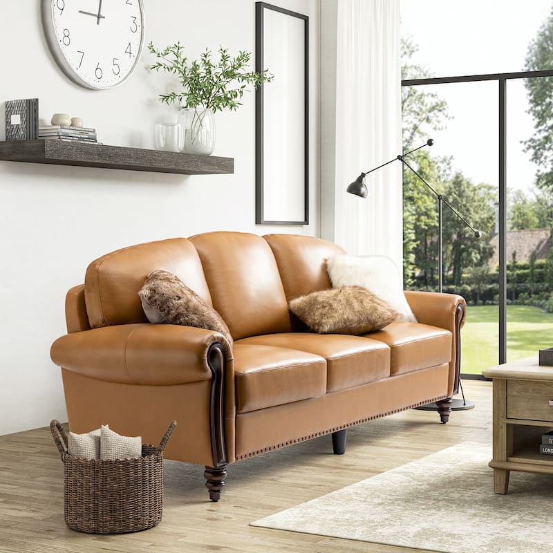 Eduard 84" Traditional Genuine Leather Sofa with Carved Wood Legs by HULALA HOME - Camel