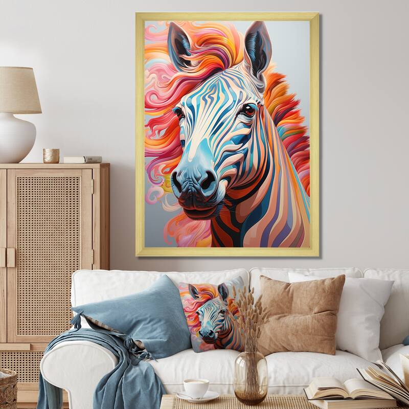 Designart "Colorful Zebra Portrait" Animals Zebra Framed Wall Art Prints - 34 in. wide x 44 in. high - Gold