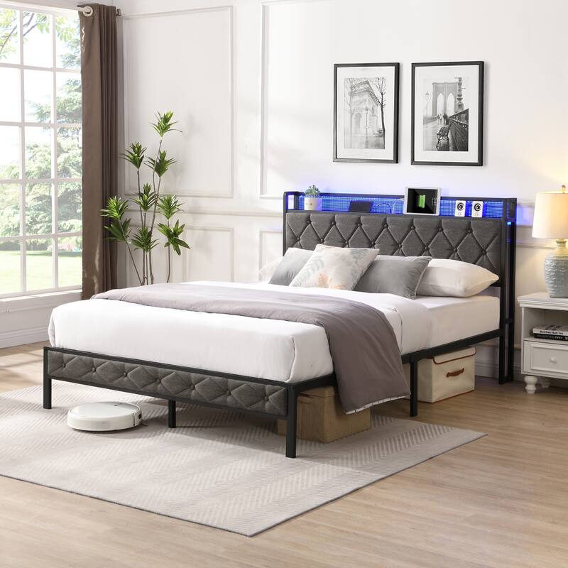 Full Upholstered Platform Bed with LED Headboard, USB Charging Station, Storage Shelf and Noise-Free Metal Slats
