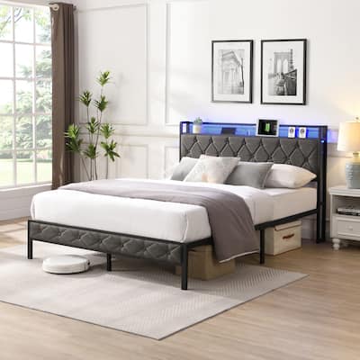 Queen Bed Frame with Storage, Charging Station and LED Lights
