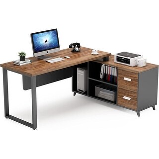 55" L Shaped Desk Executive Office Desk with 2 Drawers and Cabinet ...