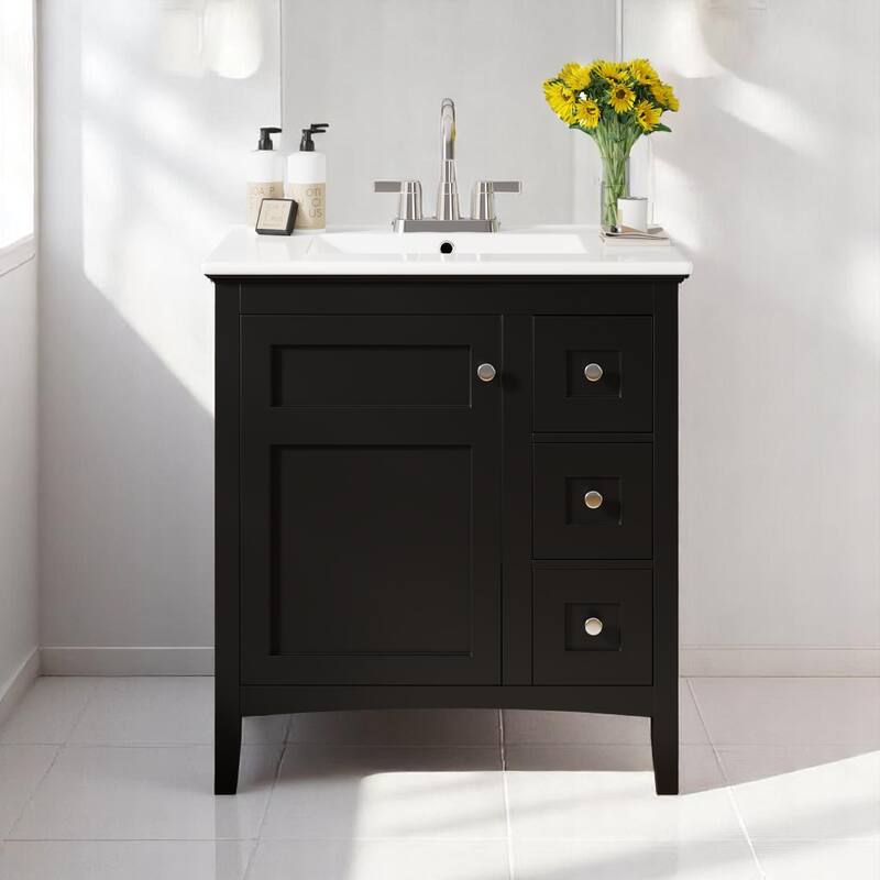 Modern 30 Inch Bathroom Vanity with Porcelain Countertop, 3 Drawers, Solid Wood and MDF Storage Cabinet - Black