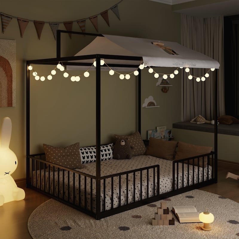 3-in-1 Convertible Montessori Metal floor bed,Modern Minimalist Design Canopy Platform Bed Funland - Black
