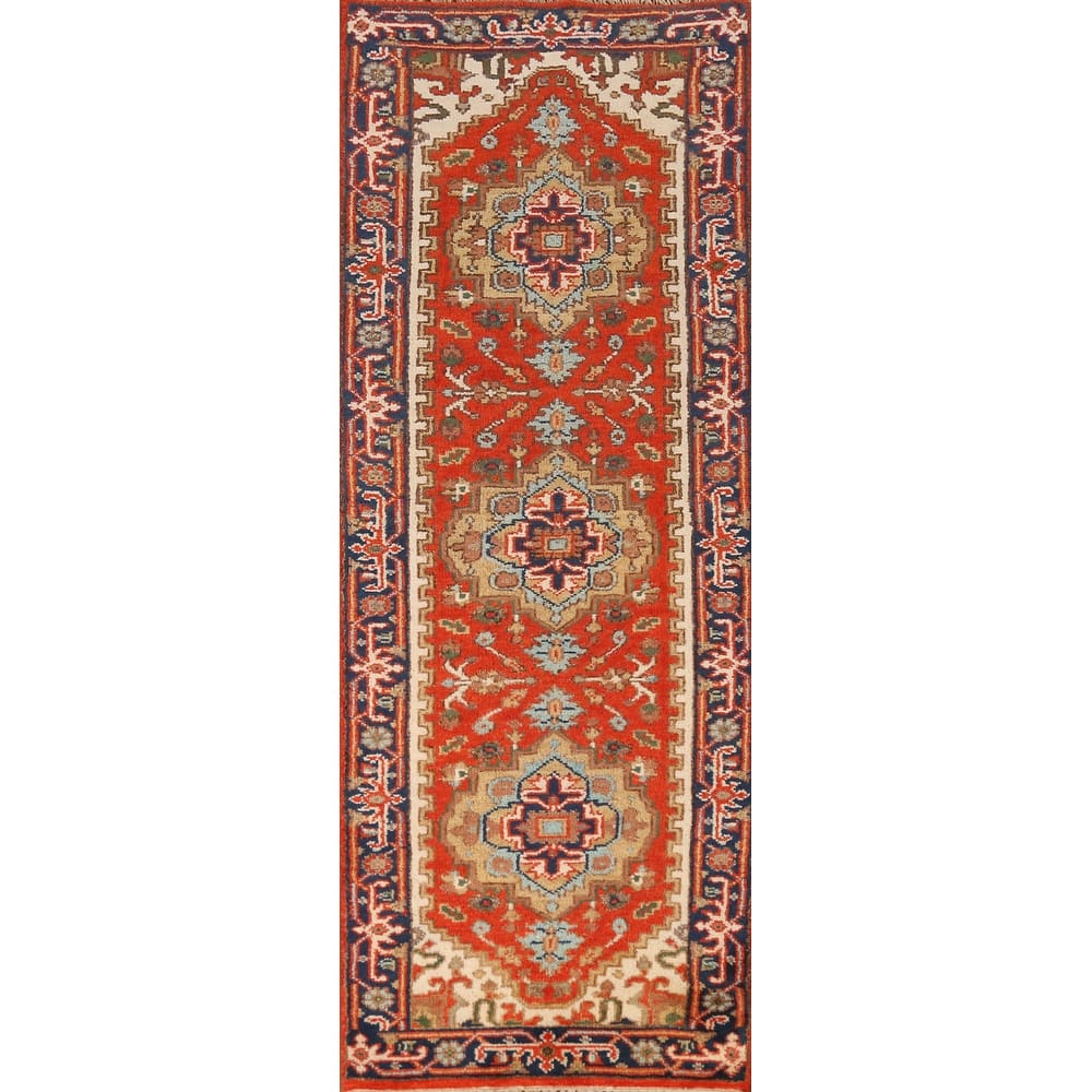Geometric Heriz Serapi Style Runner Rug Handmade Orange Wool Carpet - 2'6" x 7'10"