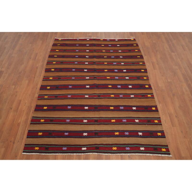 Hand Woven Oriental 100% Wool Carpet Southwestern Tribal Brown Kilim Area Rug - 7' 0'' X 5' 2''